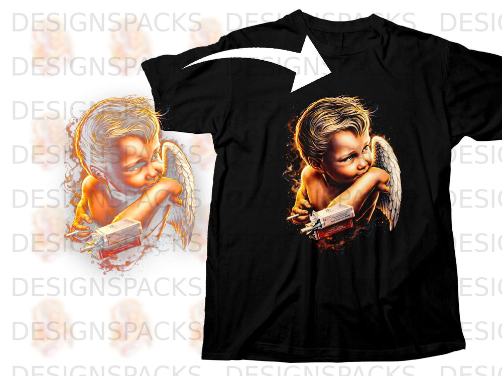Cherub with angel wings holding cigarettes on a black t-shirt design.