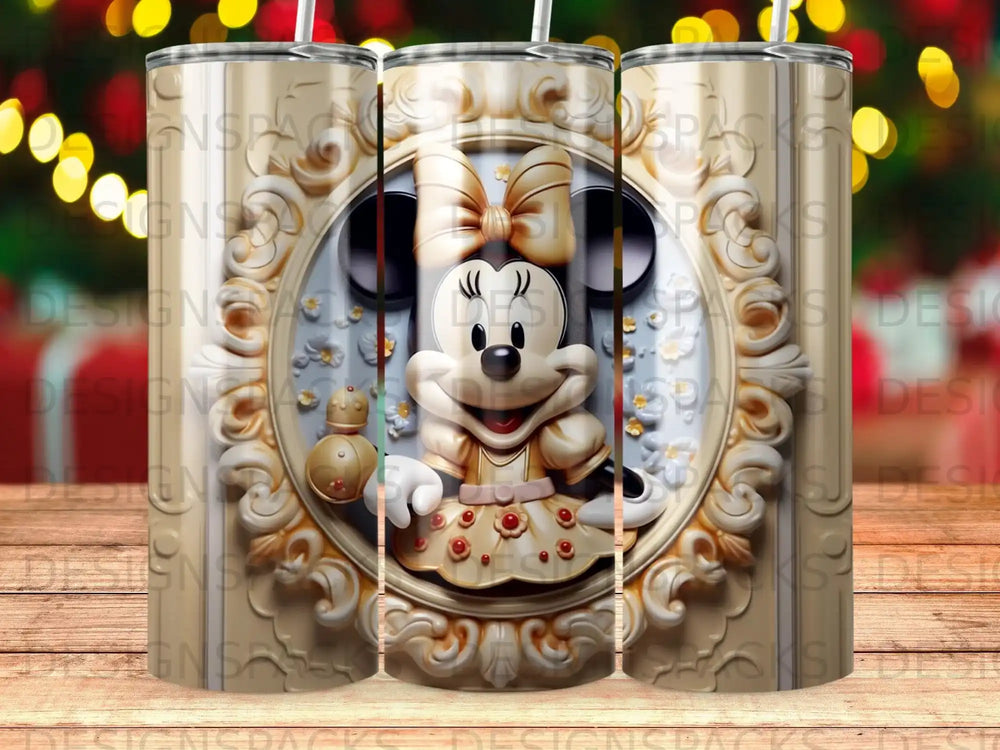 Minnie Mouse character in ornate gold frame, smiling.