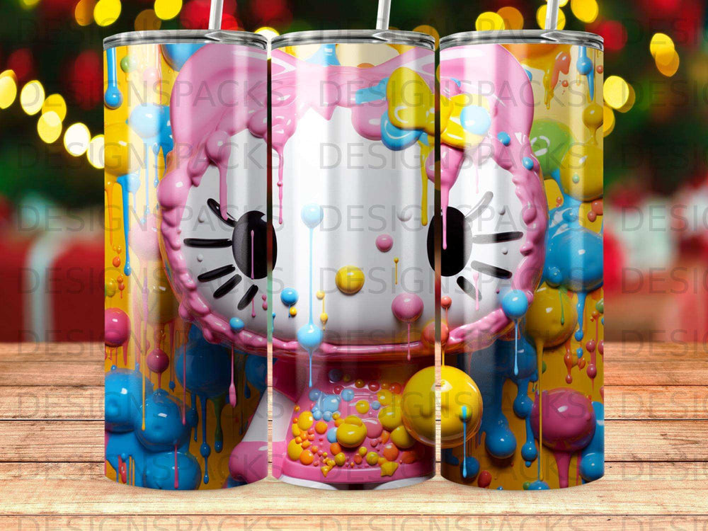Pink cartoon character with colorful drips on a tumbler.