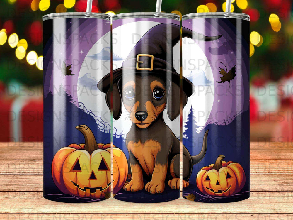 Dachshund puppy in a witch hat between two jack-o'-lanterns with a full moon.