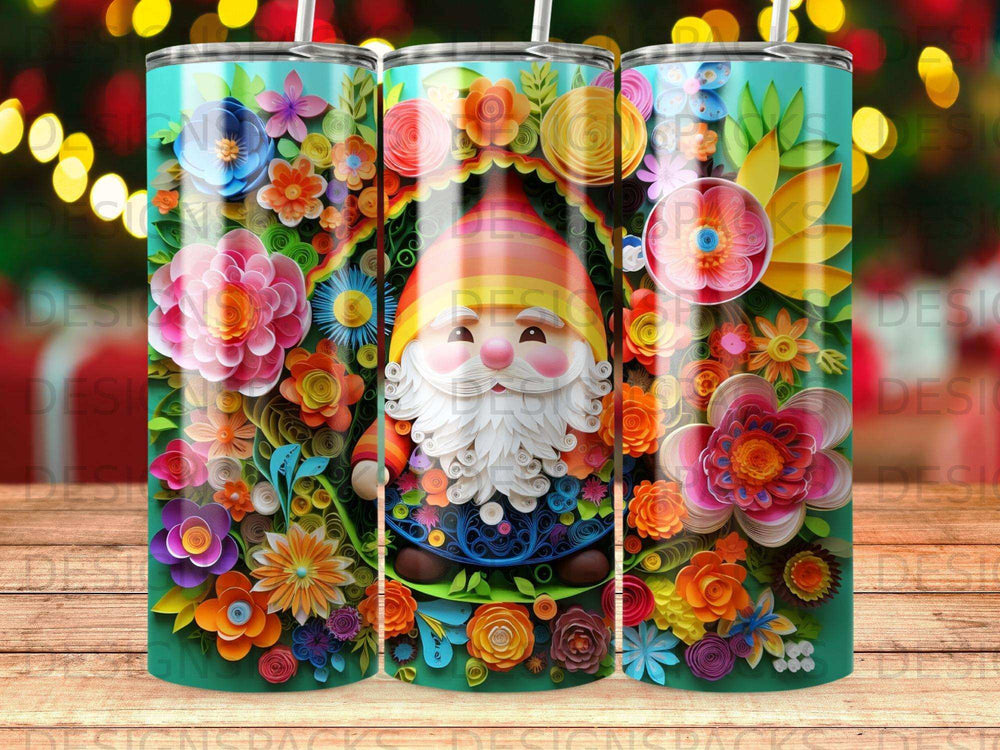 Gnome with colorful flowers and decorative border on a tumbler.