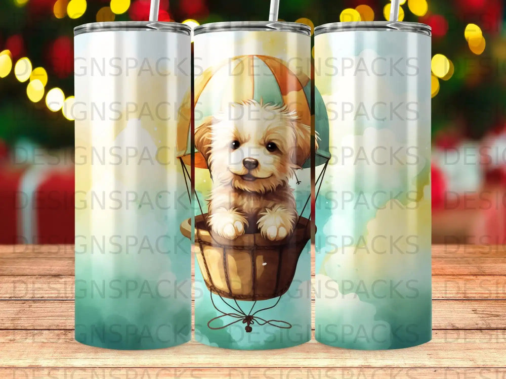 Puppy in hot air balloon with "SIGNSPACKS" watermark.