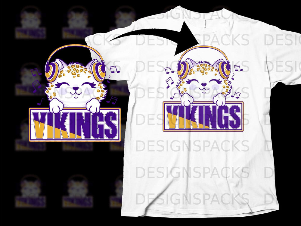 Cartoon leopard wearing headphones holds "Vikings" sign with music notes.
