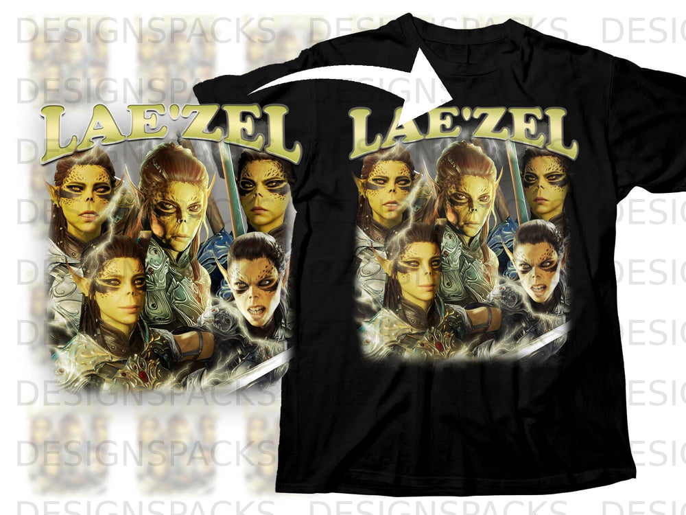 Black t-shirt with a graphic featuring the text "LAEZEL" above multiple fantasy characters.