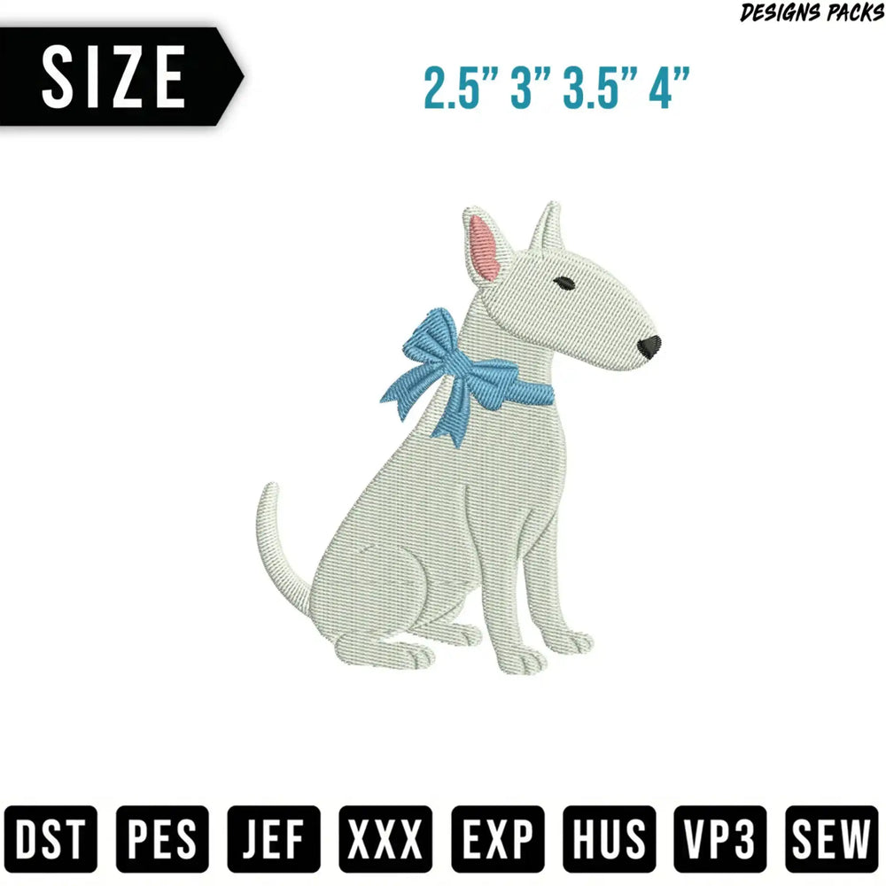 Bull terrier dog with blue bow embroidery design for machine sewing.