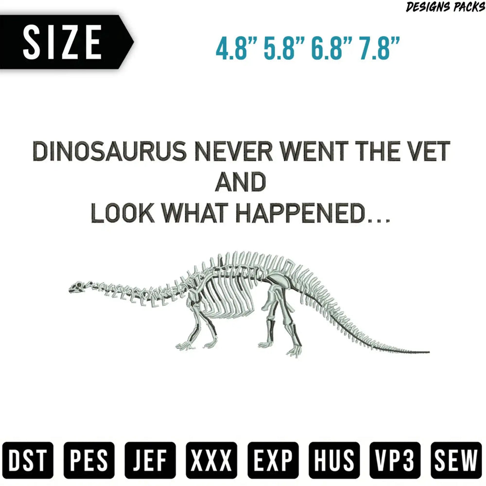 Dinosaur skeleton graphic with text "Dinosaur never went the vet" and file formats.
