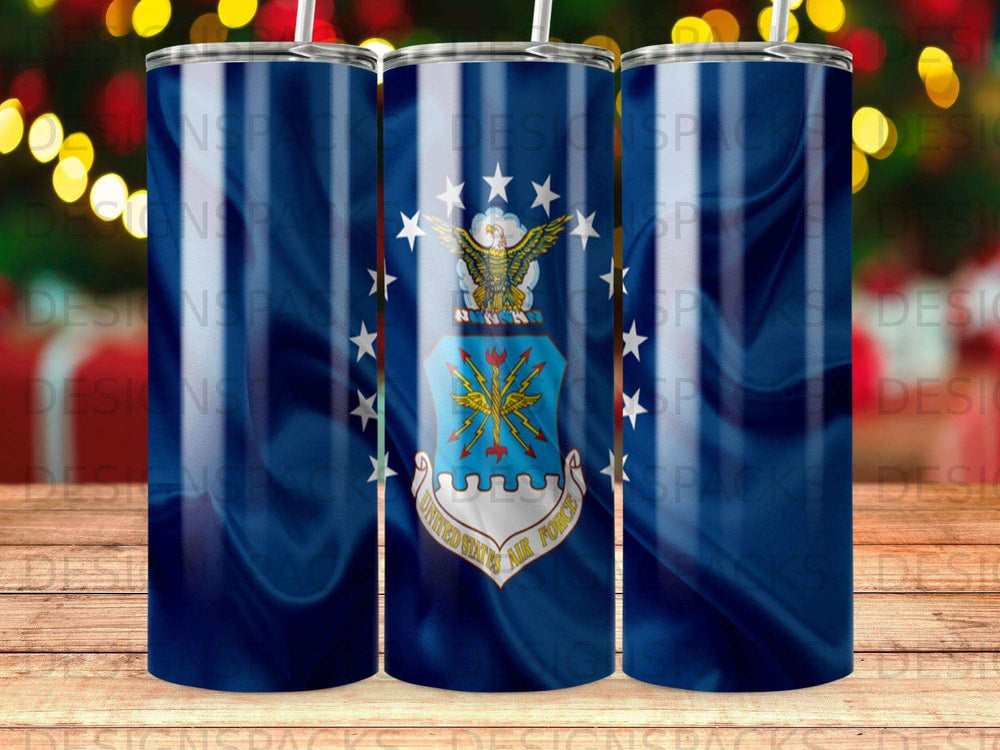 Tumbler with United States Air Force emblem and stars on a blue gradient background.