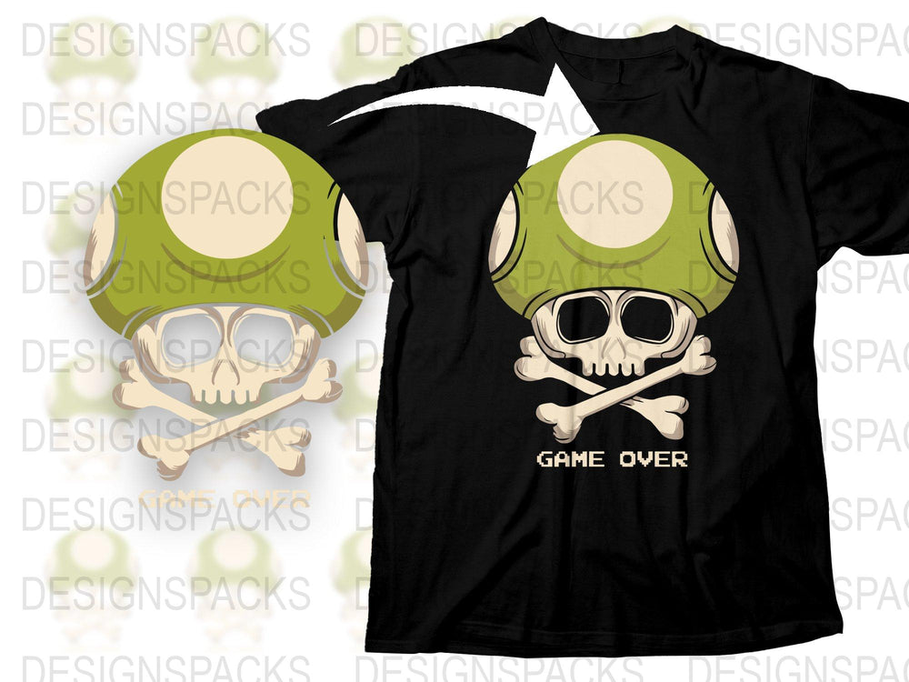 Game Over Skull Alien Graphic T-Shirt, Cool Sci-Fi Design Tee, Unisex Black Cotton Shirt