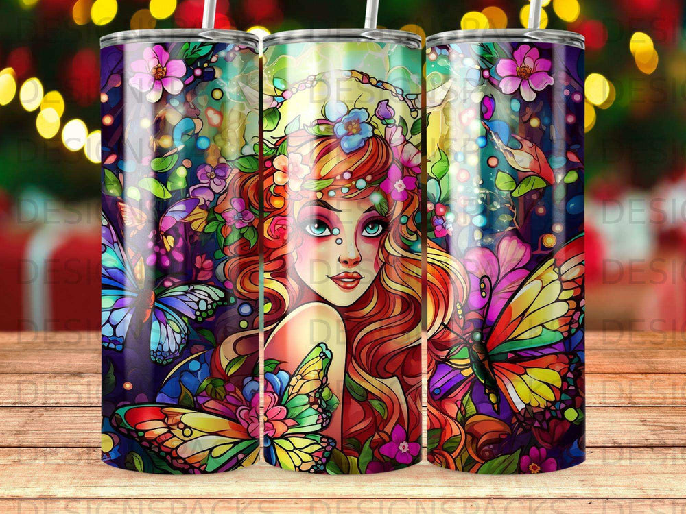 Fantasy illustration of a woman with flowing red hair surrounded by colorful butterflies and flowers.