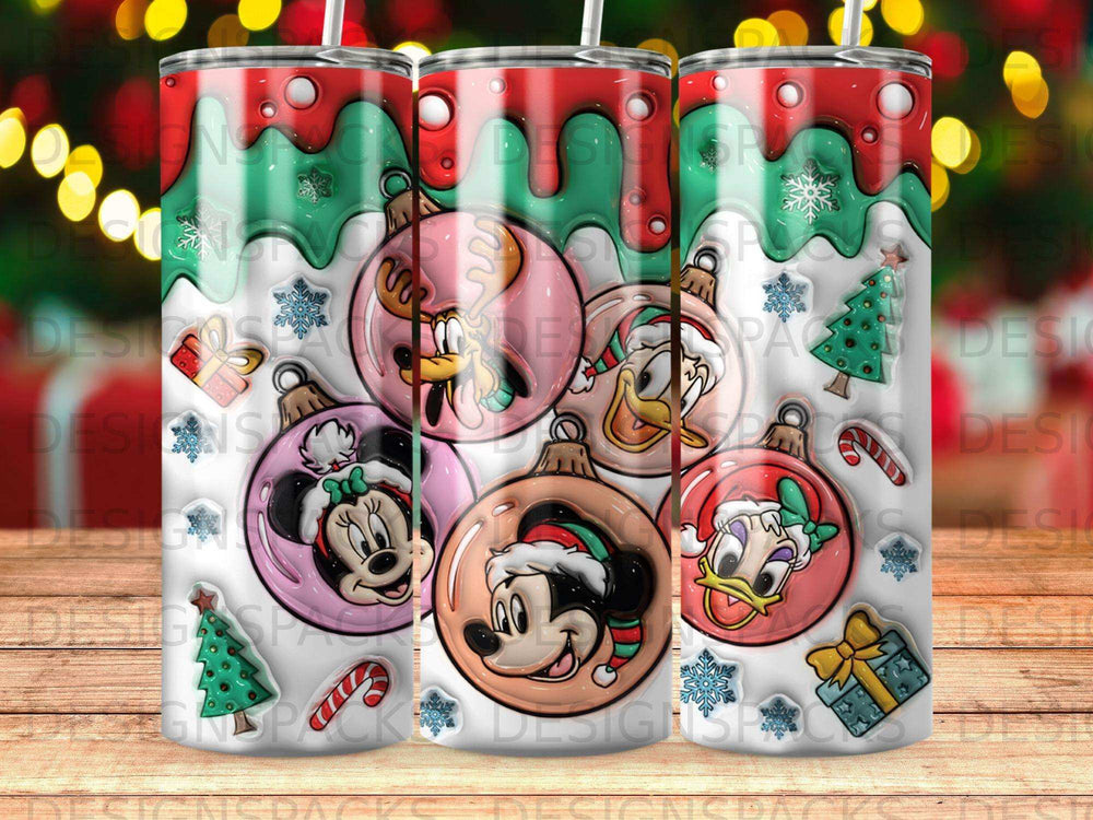 Christmas ornaments with Disney characters Minnie Mouse, Mickey Mouse, and Donald Duck.