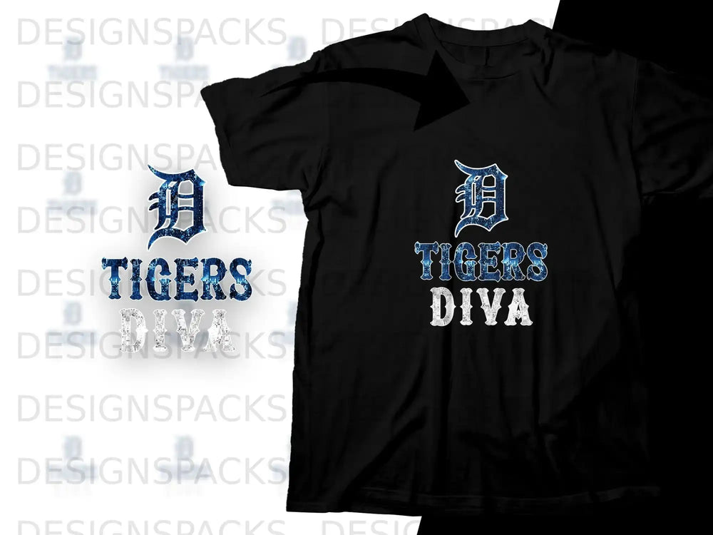 Black t-shirt with "TIGERS DIVA" printed in a distressed metallic font.