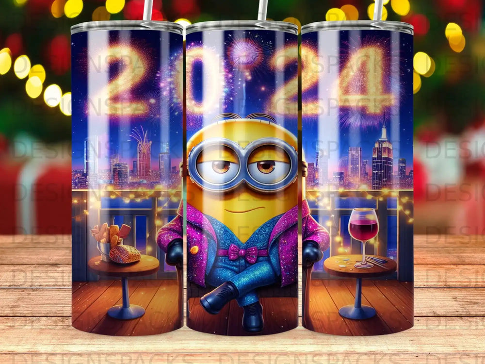 Minion wearing party attire, seated with drinks and fireworks in background.