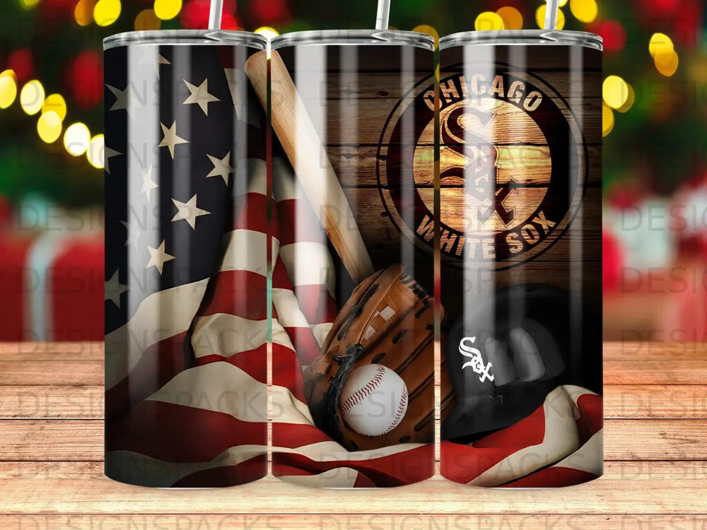 Chicago White Sox baseball helmet, glove, and American flag on wood.