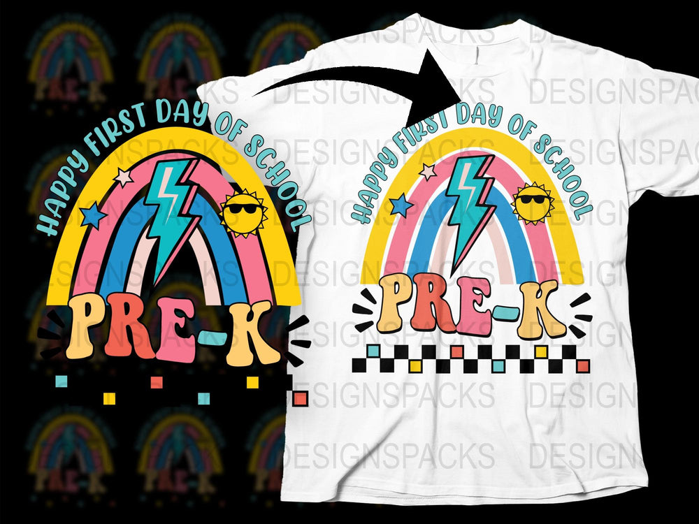 Happy First Day of School Pre-K T-Shirt, Rainbow Graphic Tee for Kids, Colorful Back to School Outfit