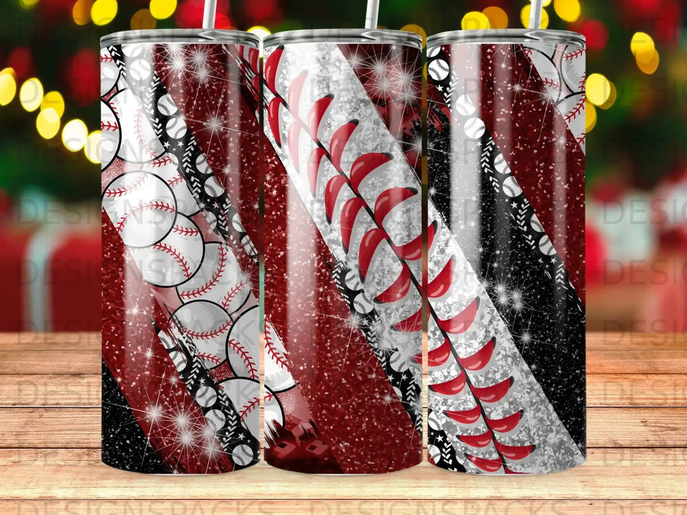 Tumbler with baseball stitching, stripes, and glitter designs.