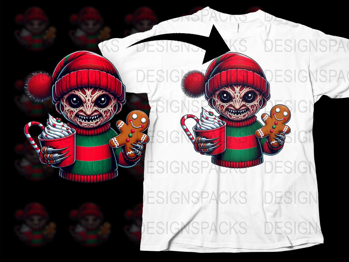 Men's Unique Creepy Elf Christmas T-Shirt, Horror Holiday Tee with Hot Cocoa Design, Festive Scary Apparel