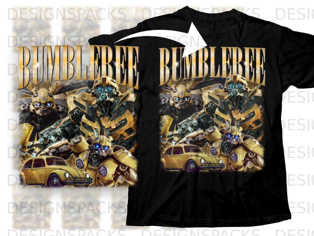 Black t-shirt with Bumblebee characters and a yellow Volkswagen Beetle car.