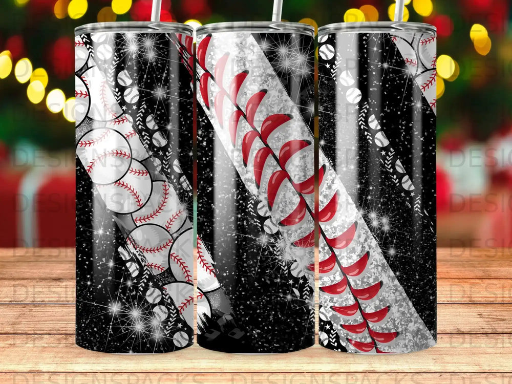 Baseball design tumbler with glitter and sparkles.