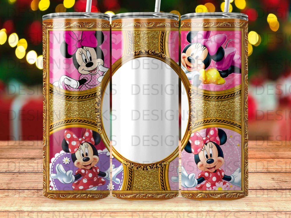 Minnie Mouse tumbler design with pink frames and gold accents.