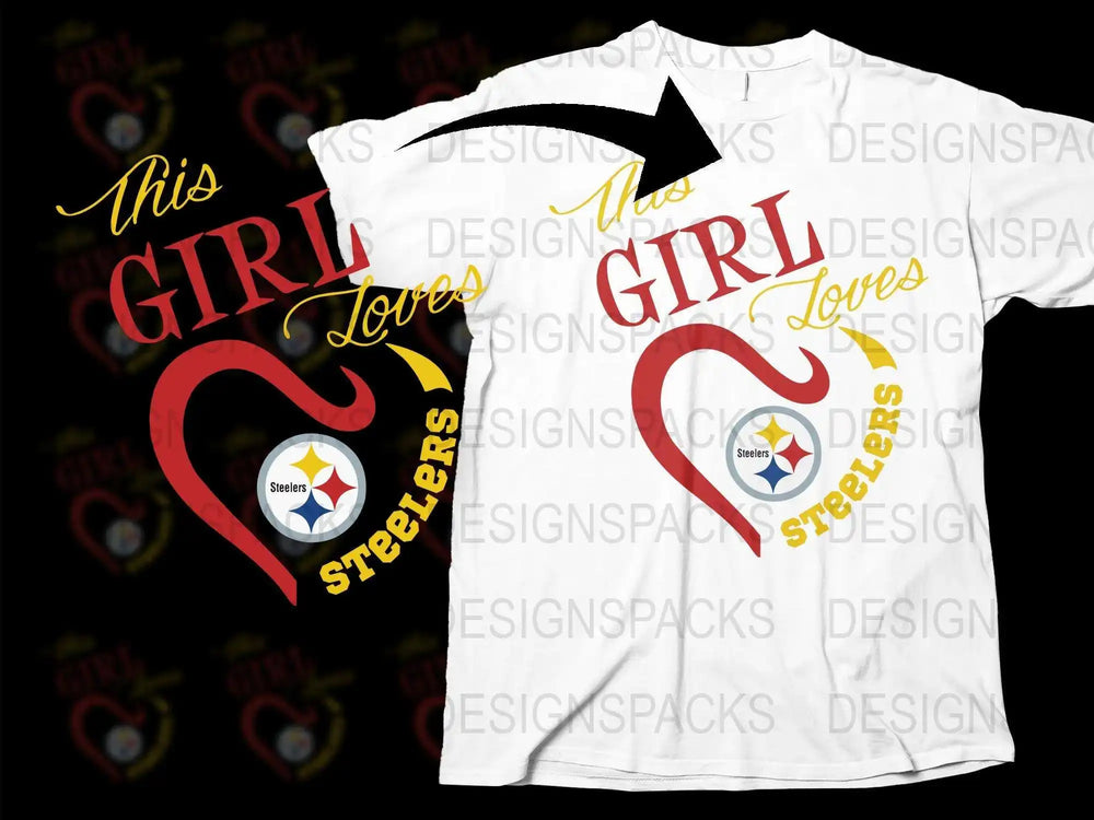 'This Girl Loves Steelers' T-Shirt, Heart and Team Logo, Football Fan Apparel, Women's Sports Tee, Gift for Her, Pittsburgh Love