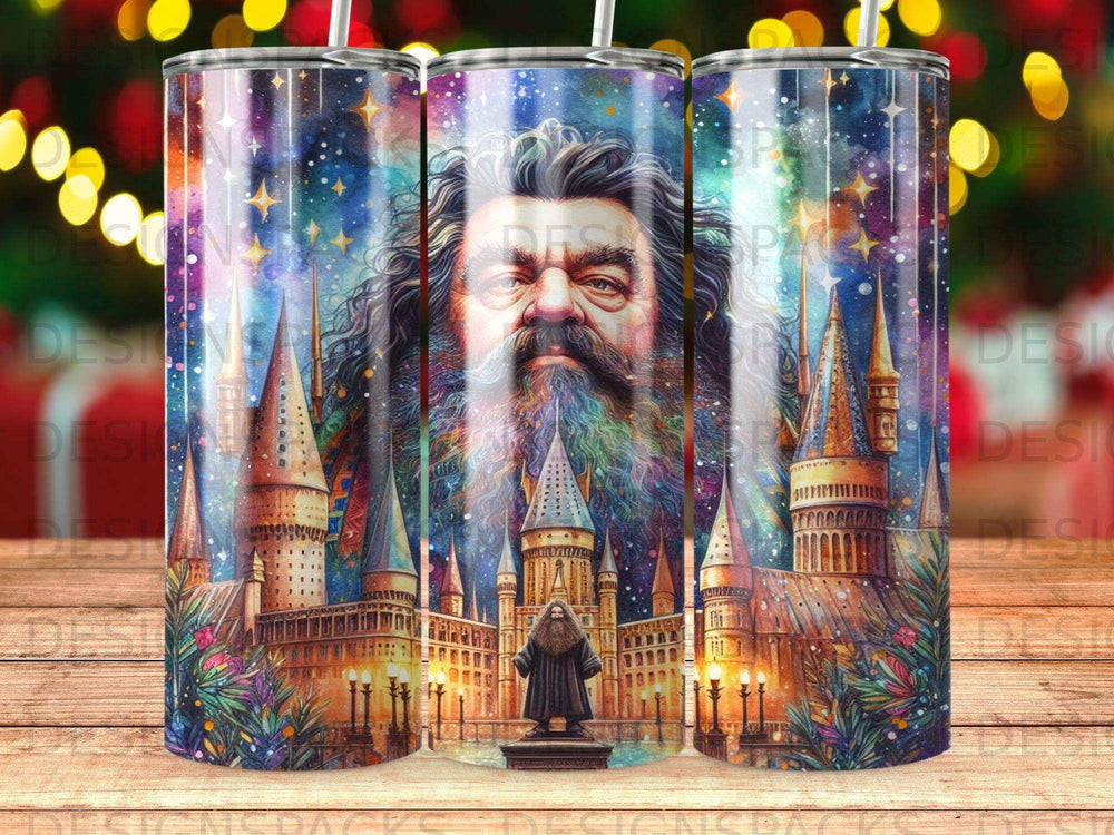 Hagrid with Hogwarts castle and starry night background.