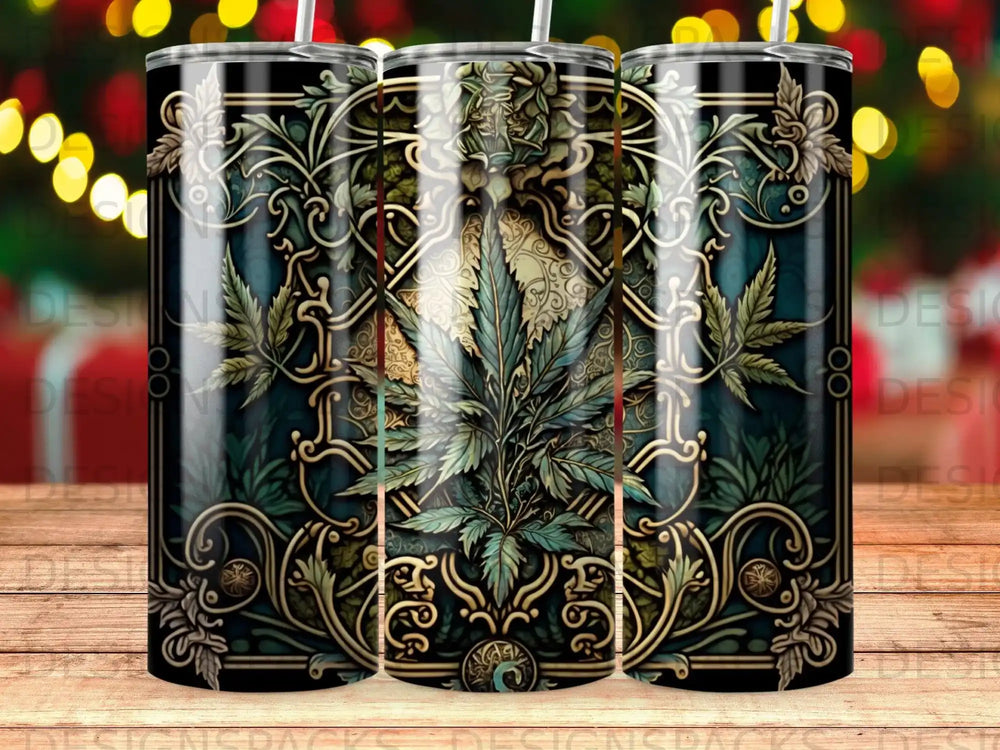 Tumbler with ornate cannabis leaf and art nouveau-style metallic gold pattern.