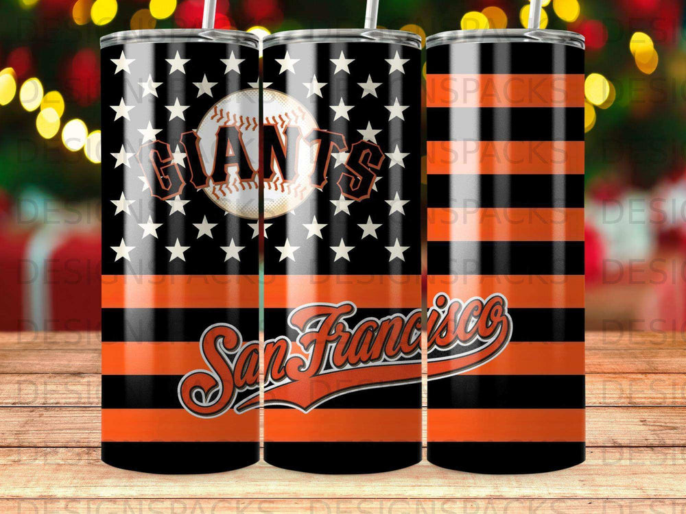 San Francisco Giants baseball team logo on a black and orange striped tumbler.