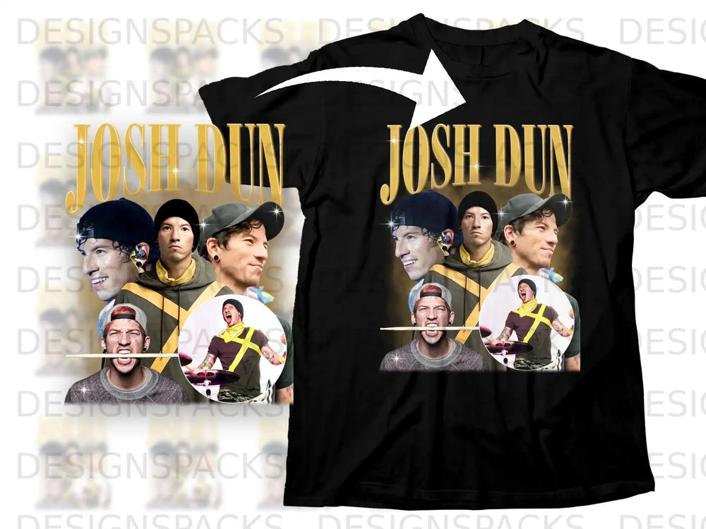 Black t-shirt with a collage of Josh Dun from Twenty One Pilots.