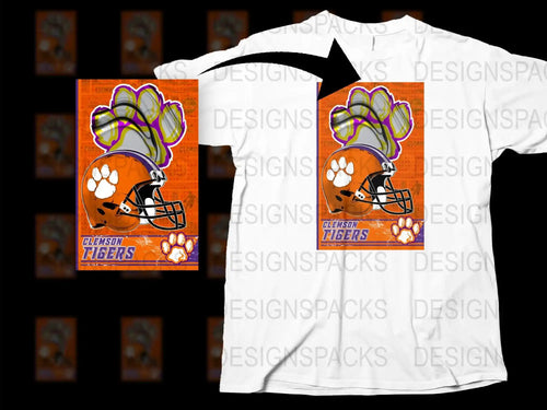 Clemson Tigers Football Helmet Graphic T-Shirt, Orange White Paw Print, Sports Fan Apparel