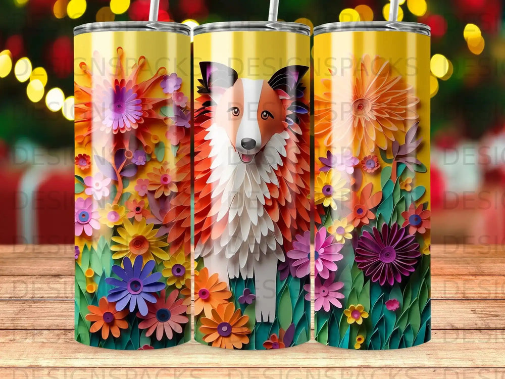 Orange and white fox illustration surrounded by colorful paper flowers on a yellow background.