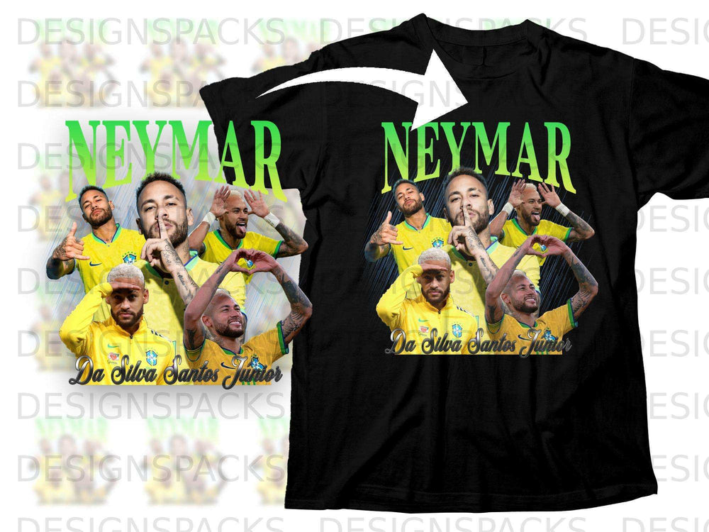 Black t-shirt featuring Neymar Jr. in yellow with "Neymar Da Silva Santos Junior" text.