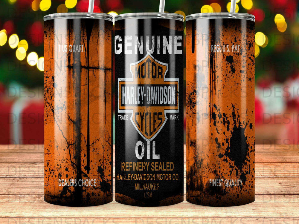 Harley-Davidson oil refinery sealed tumbler with orange splatter design.