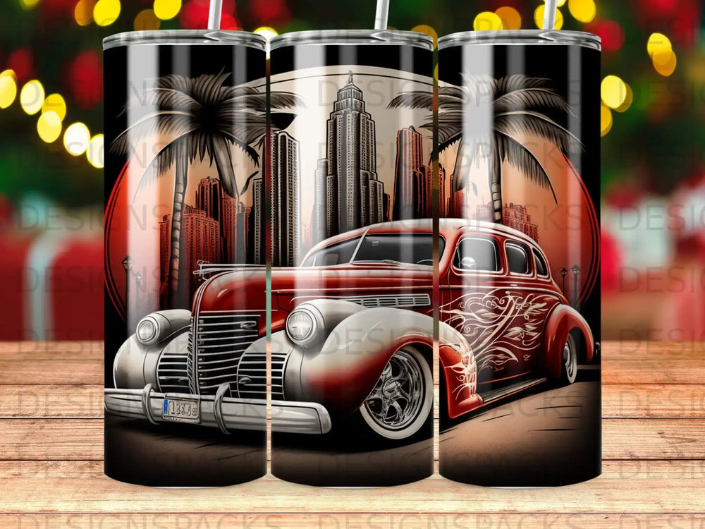 Vintage red car with city skyline and palm trees at sunset.