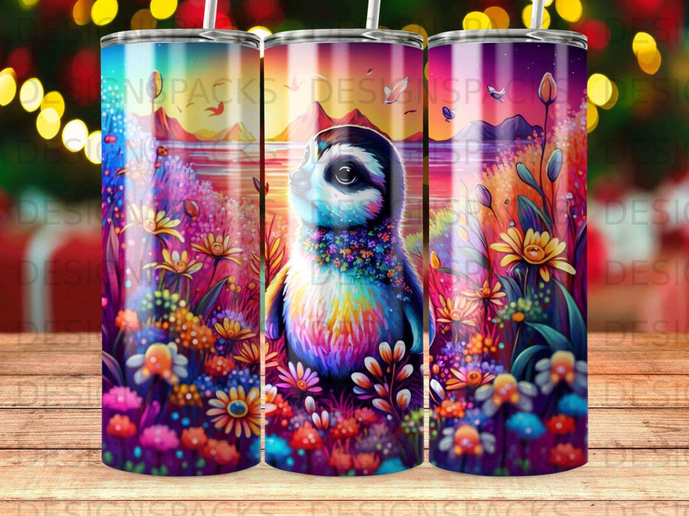 Sloth in colorful floral landscape, vibrant sunset, digital art.