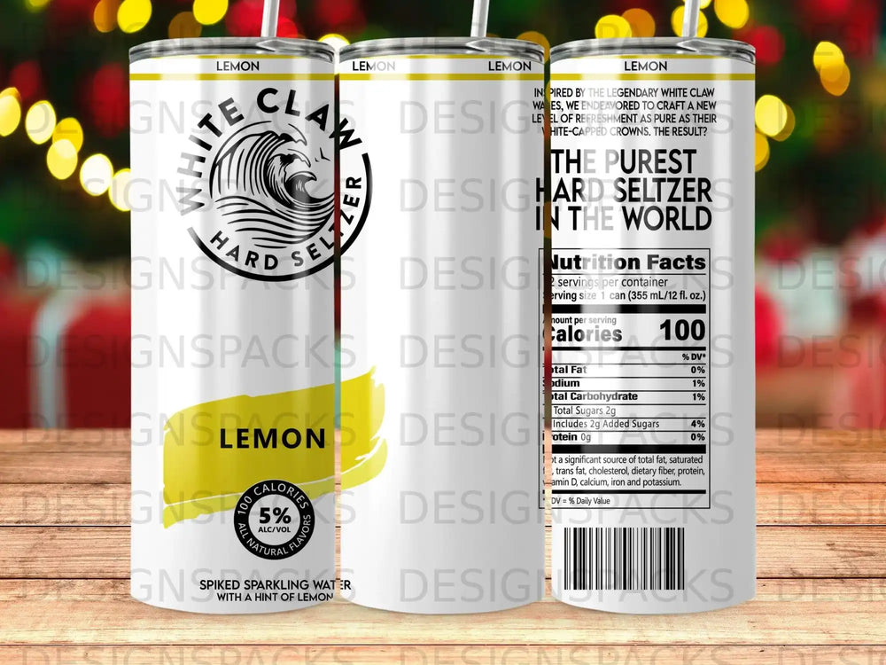 White Claw Lemon hard seltzer can with nutrition facts and branding.
