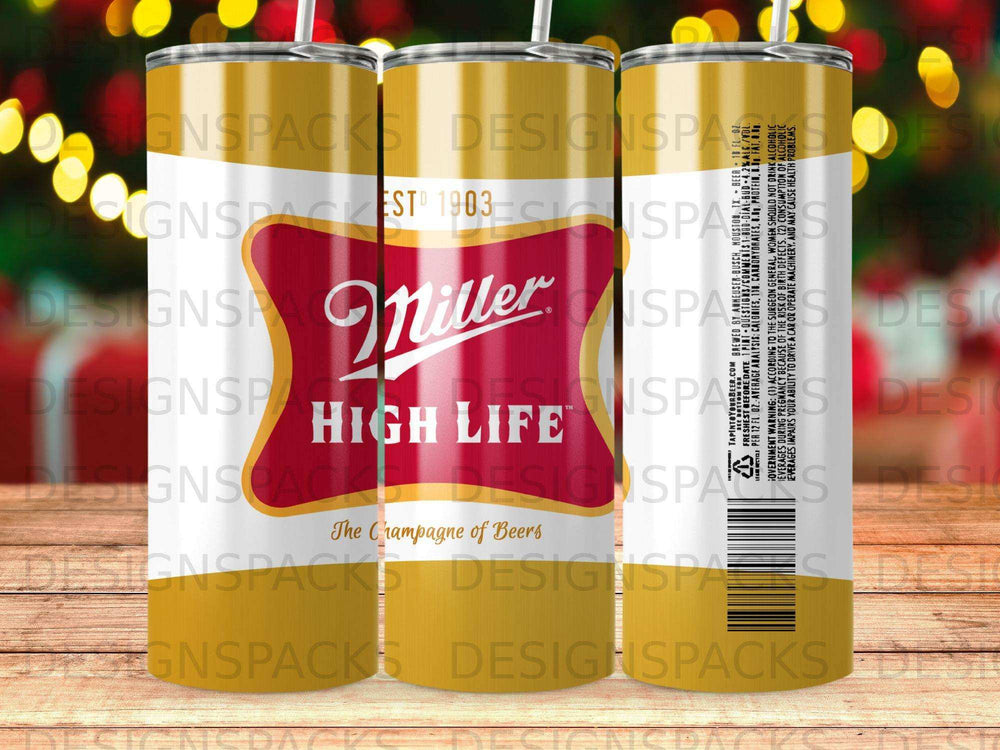 Miller High Life beer can with "The Champagne of Beers" slogan.