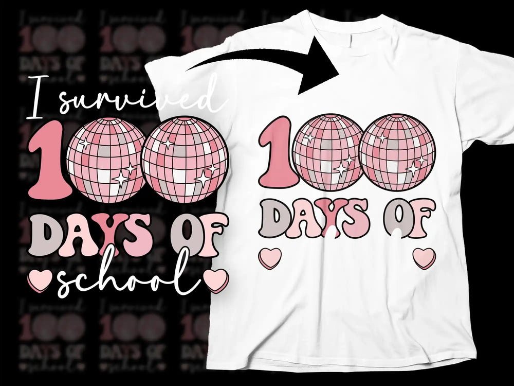 'I Survived 100 Days of School' T-shirt, Kids Celebration Tee, Educational Milestone, Pink Disco Ball Design, Fun School Shirt