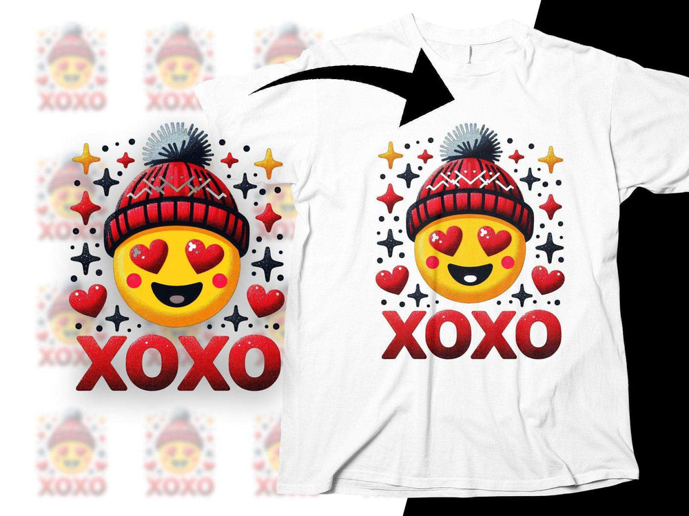 XOXO emoji in red beanie with hearts, stars, and glitter, printed on white t-shirt for DTF/DTG designs
