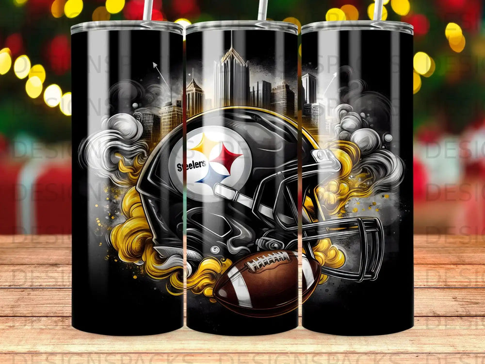Pittsburgh Steelers helmet, football, and city skyline on a black tumbler.