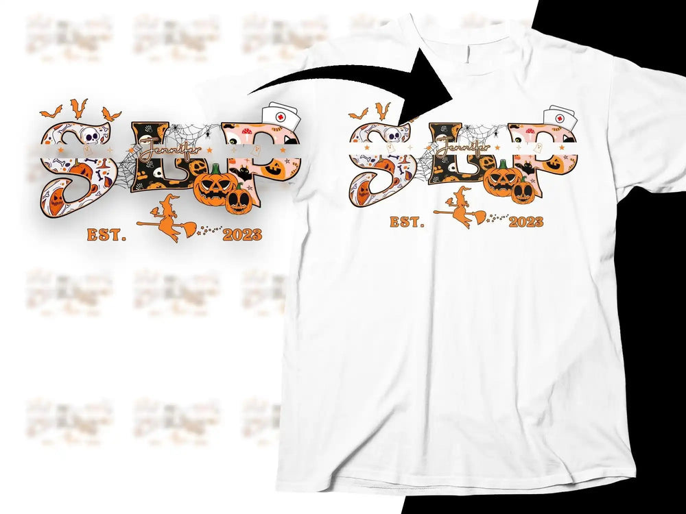 Halloween-themed nurse shirt with 'SLP' design, pumpkins, and witch, est. 2023