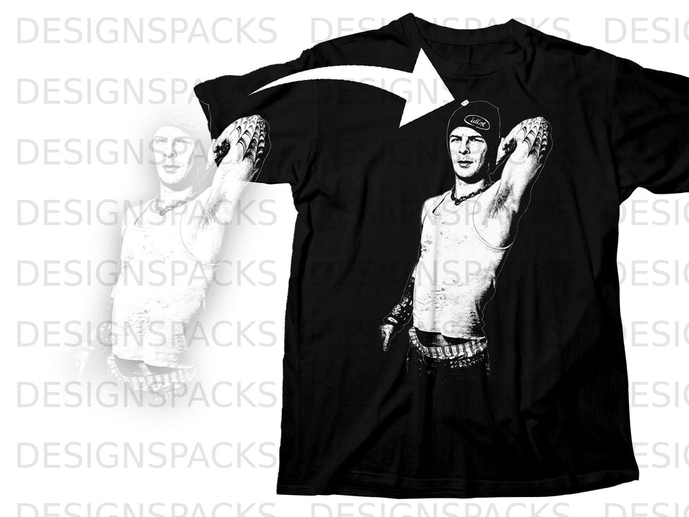 Black t-shirt with a graphic of a man wearing a beanie and tank top.