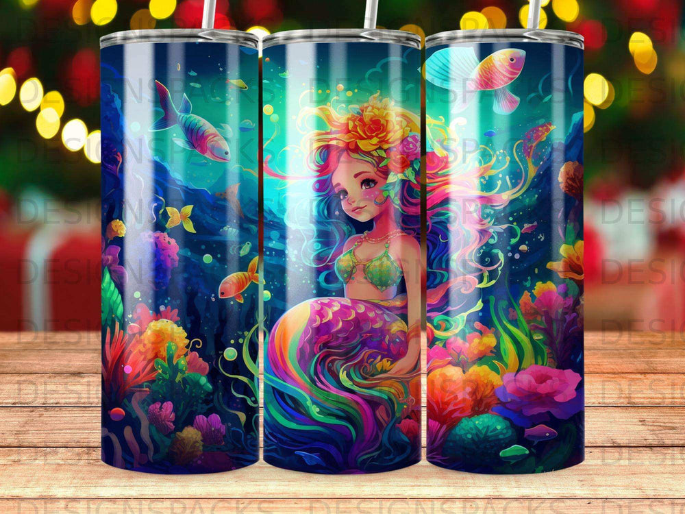 Mermaid with colorful tail and floral headdress underwater with coral and fish.