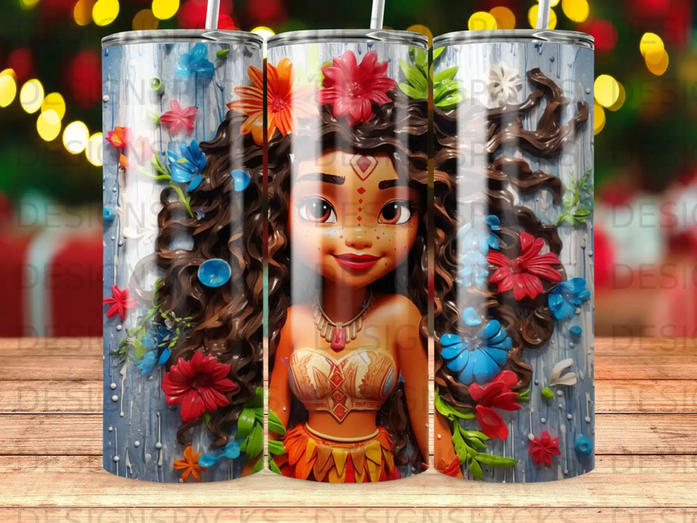 Cartoon girl with curly hair and flowers on a textured background.