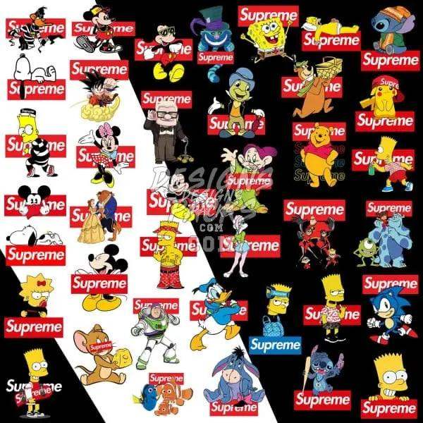 Supreme-style cartoon character designs for DTF, DTG, embroidery, and tumbler wraps – print-ready PNG, SVG, PES