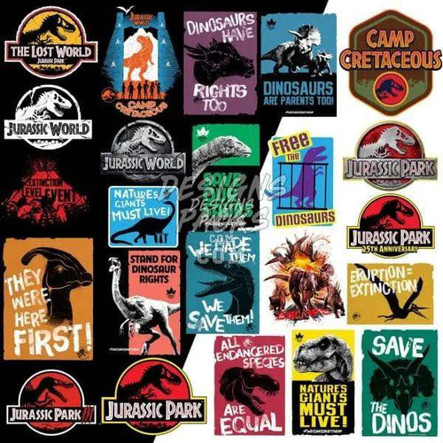 Jurassic World and Park dinosaur designs for t-shirts, embroidery, and DTG printing