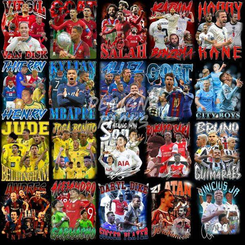 Soccer player collage with DTF/DTG print-ready designs for jerseys, featuring top athletes and team graphics