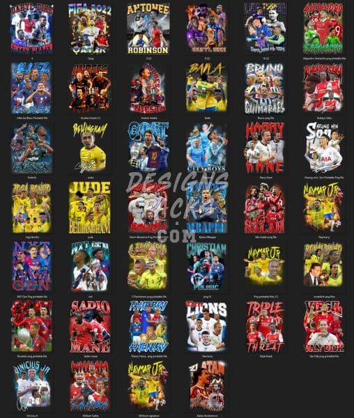 Collection of soccer player designs for DTF/DTG printing, embroidery, and tumbler wraps