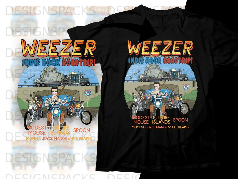 Weezer Indie Rock Roadtrip graphic tee with band members riding motorcycles.