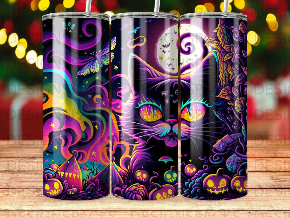 Black cat with vibrant, swirling Halloween background and pumpkins.