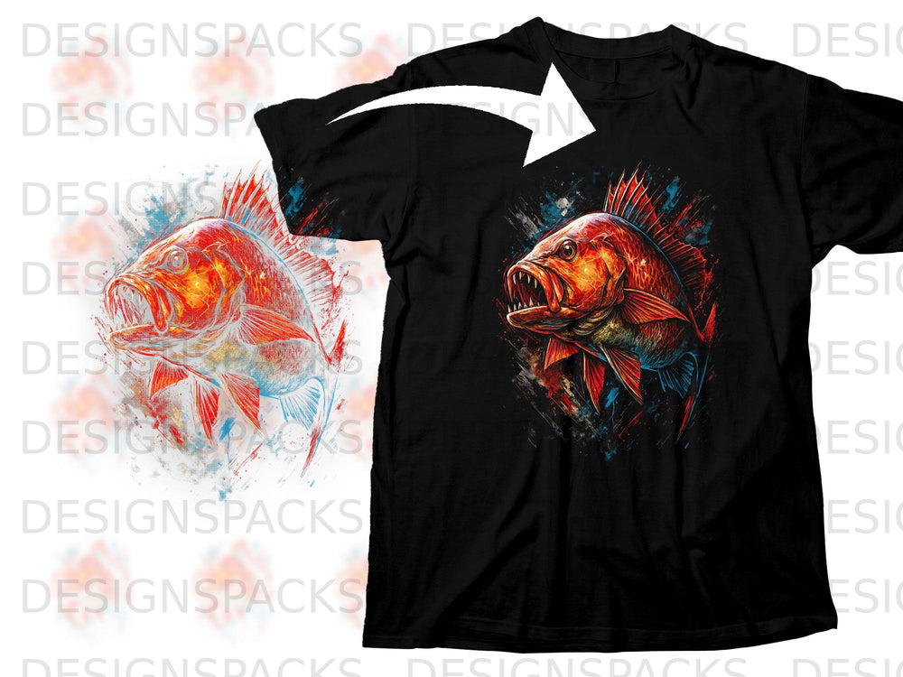Black t-shirt with a vibrant, aggressive red fish graphic on the chest.